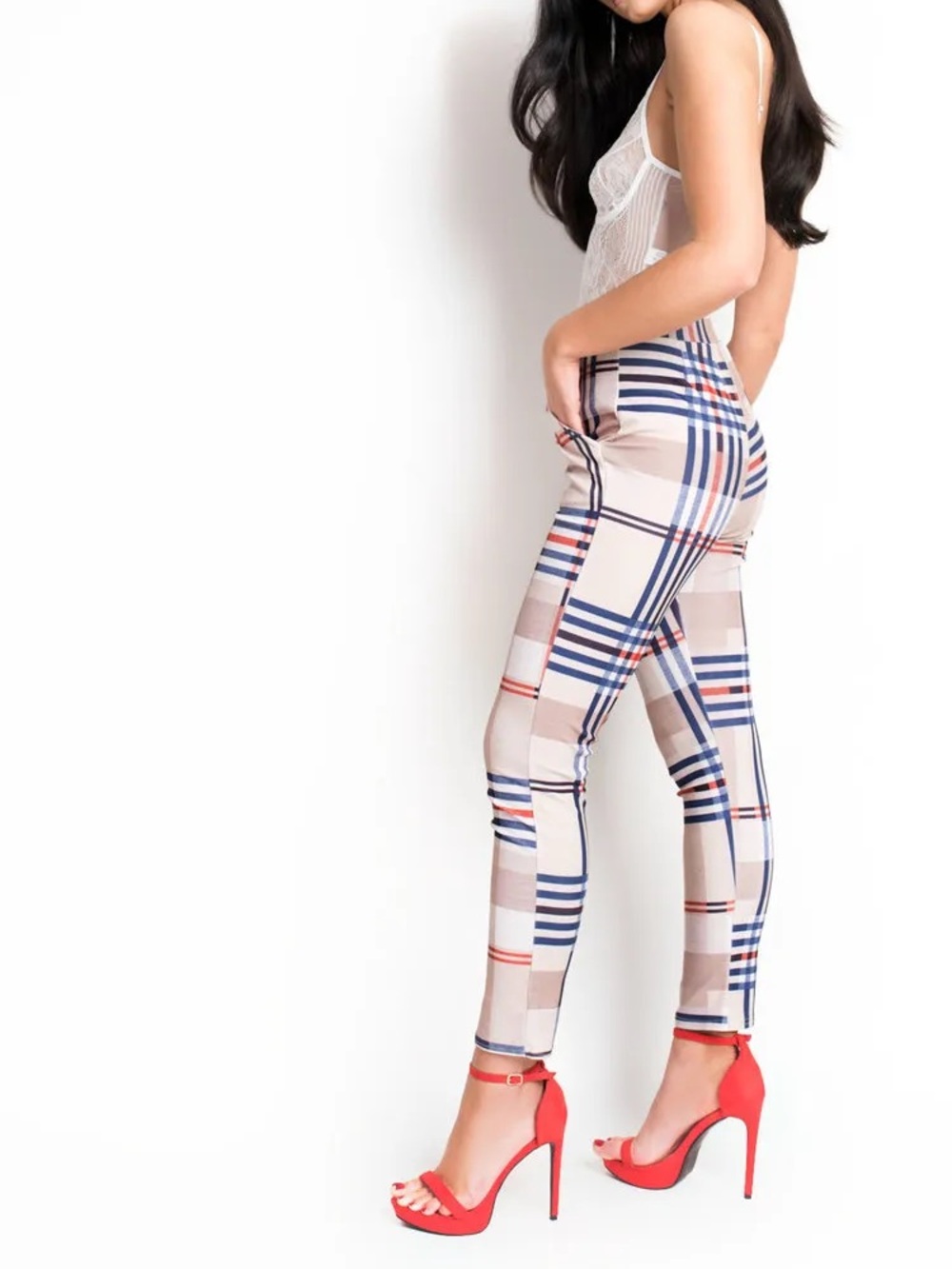 Women’s Beige Plaid Stretch Leggings with Navy & Orange Accents